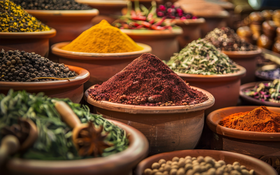 Verschiedene Gew&uuml;rze auf einem Markt in Ras al Khaimah 