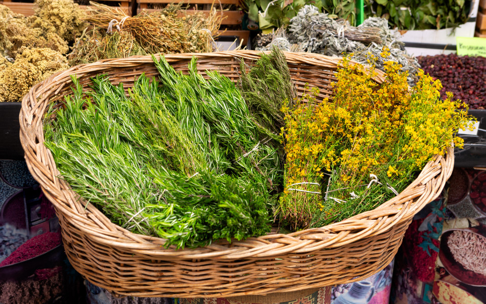 Korb mit Rosmarinkr&auml;utern mit gelben Bl&uuml;ten auf dem Kemeralti-Markt in Izmir, T&uuml;rkei